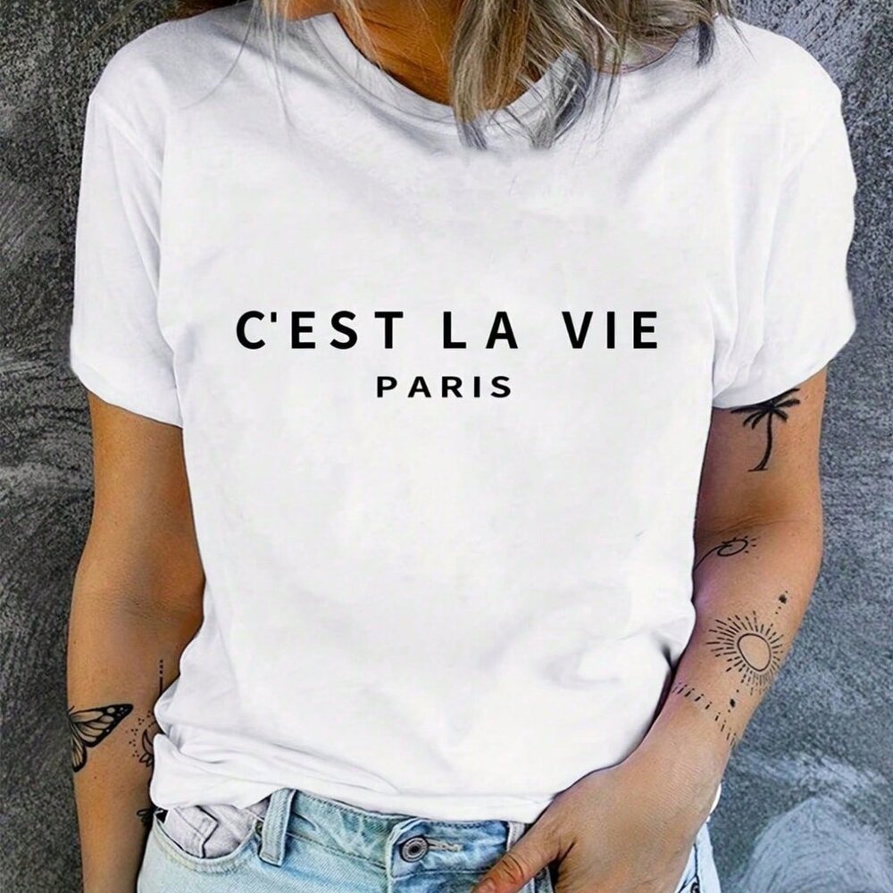 White Casual Women's C'EST LA VIE Short Sleeve T-Shirt - Picture 1 of 4